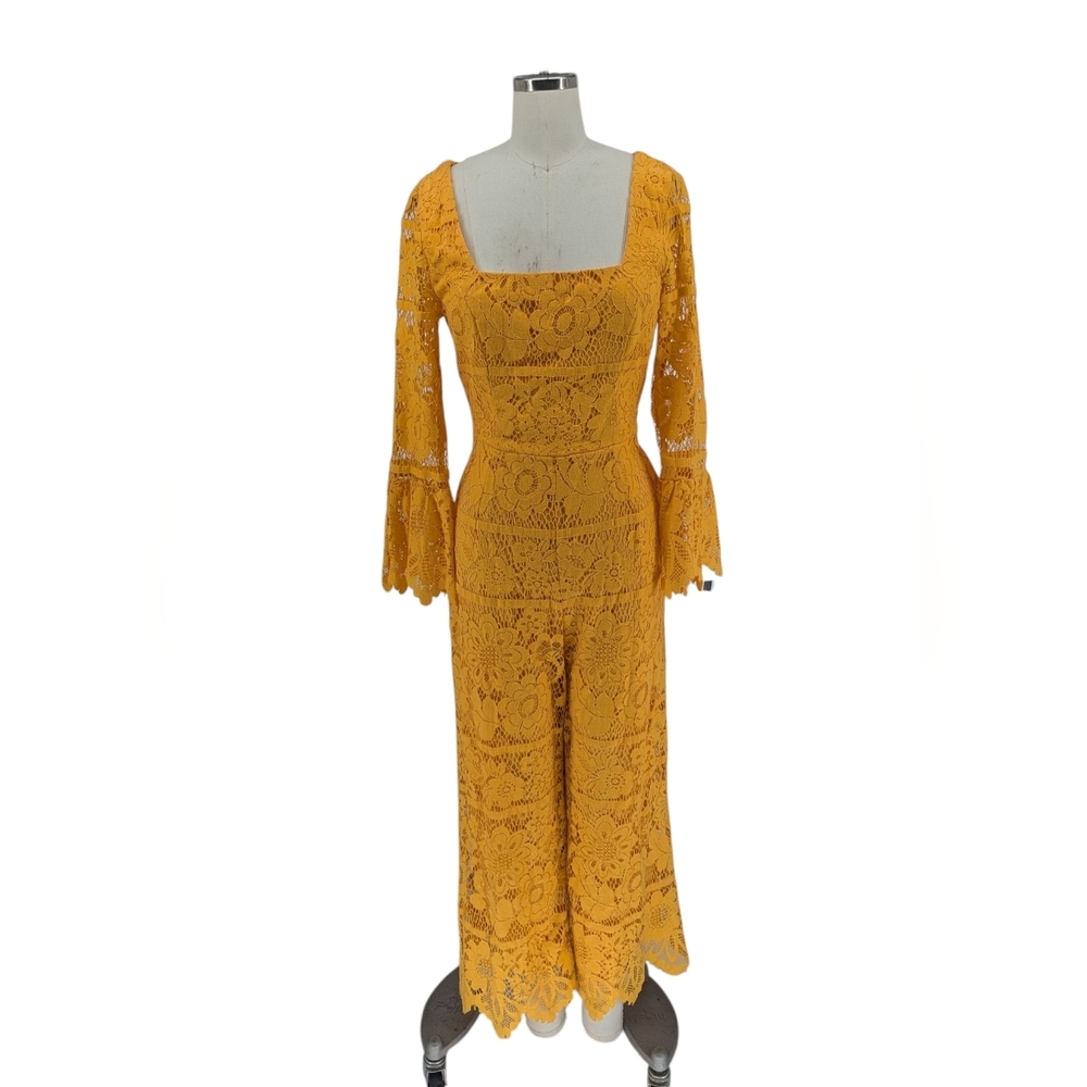 00736 Lulus Lace Wide Leg Jumpsuit Mustard Yellow size Small bohemian coquette